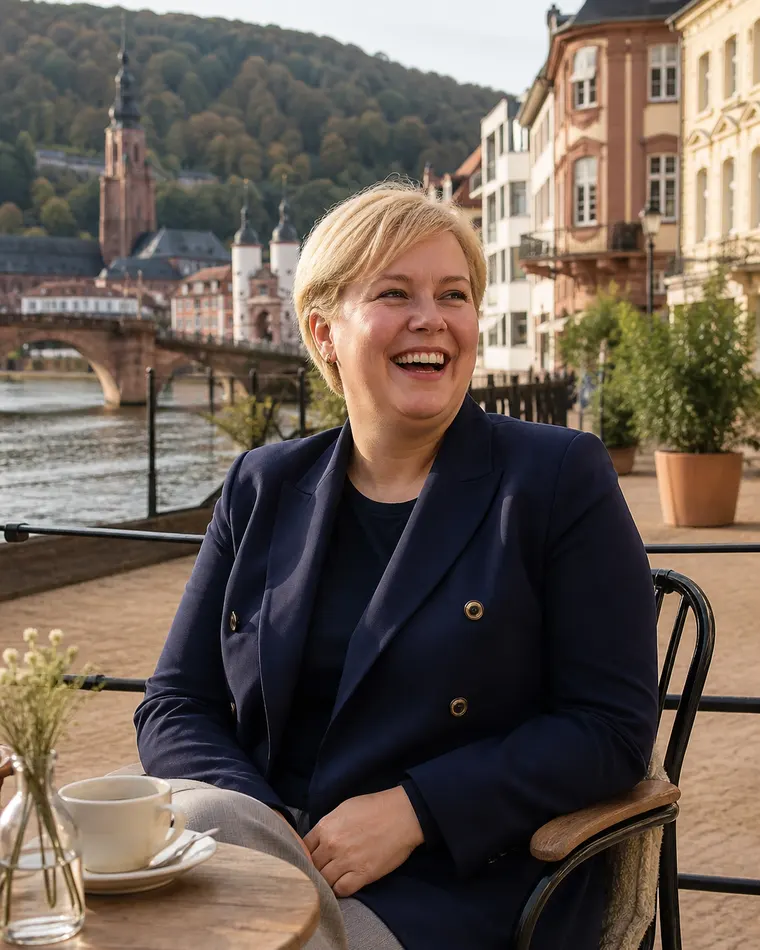 Marineblauer Zweireiher zu grauer Hose auf einer Caféterrasse am Neckar