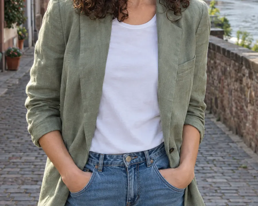 Salbeigrüner Leinenblazer offen über weißem Shirt und heller Jeans