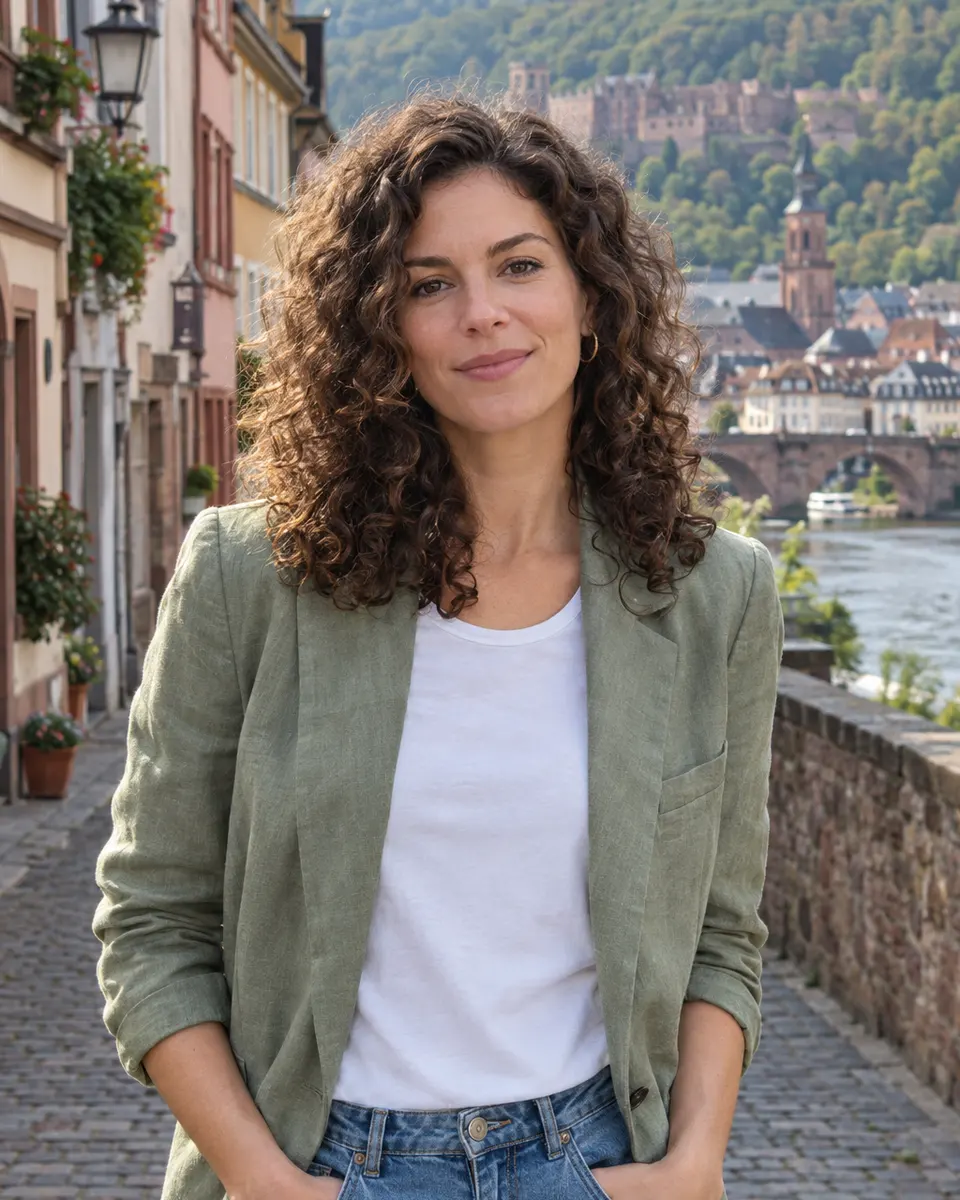 Salbeigrüner Leinenblazer zu weißem Shirt und Jeans in der Altstadt