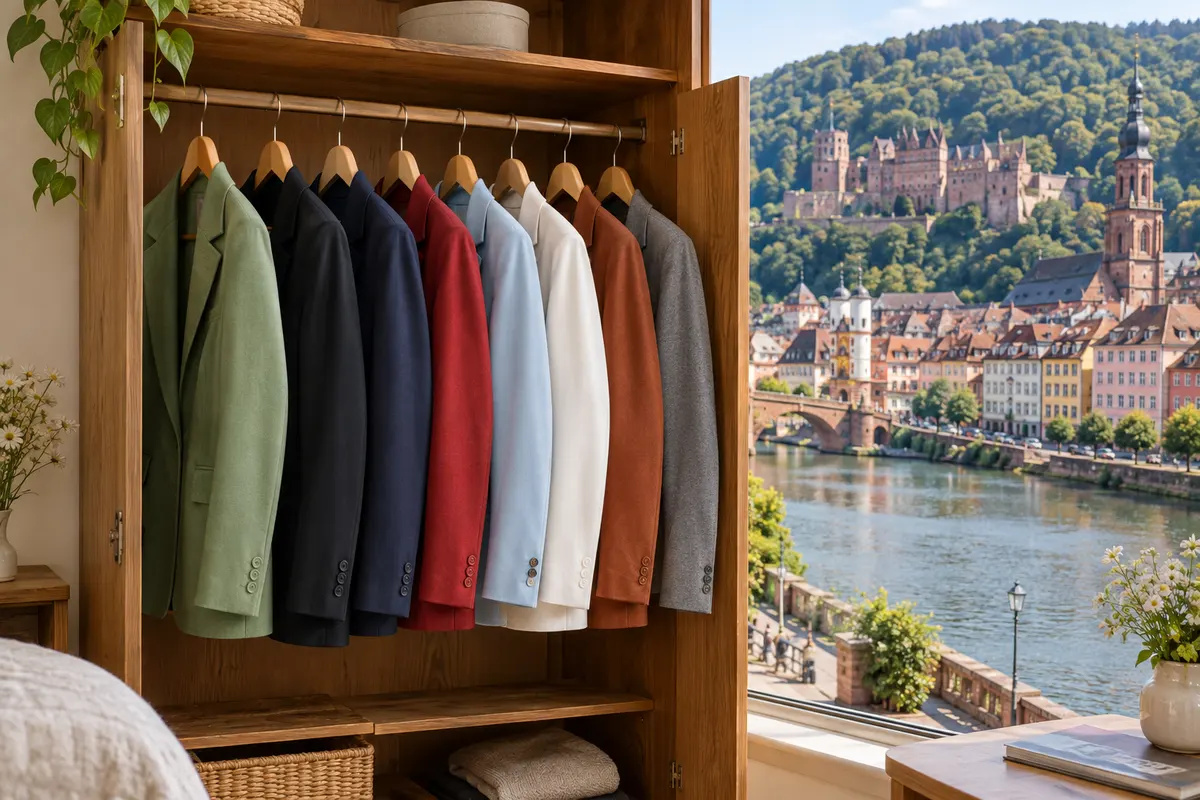 Offener Kleiderschrank mit einer Reihe farbiger Blazer, im Fenster die Heidelberger Altstadt