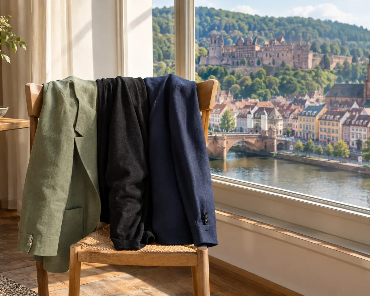 Drei Blazer in Salbeigrün, Schwarz und Marineblau über einer Stuhllehne vor einem Fenster zum Neckar