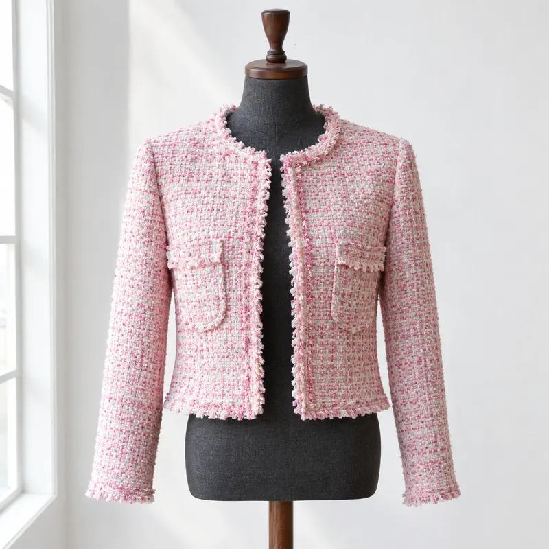 Bouclé-Blazer, kurz in Rosé-Weiß auf einer Schneiderbüste