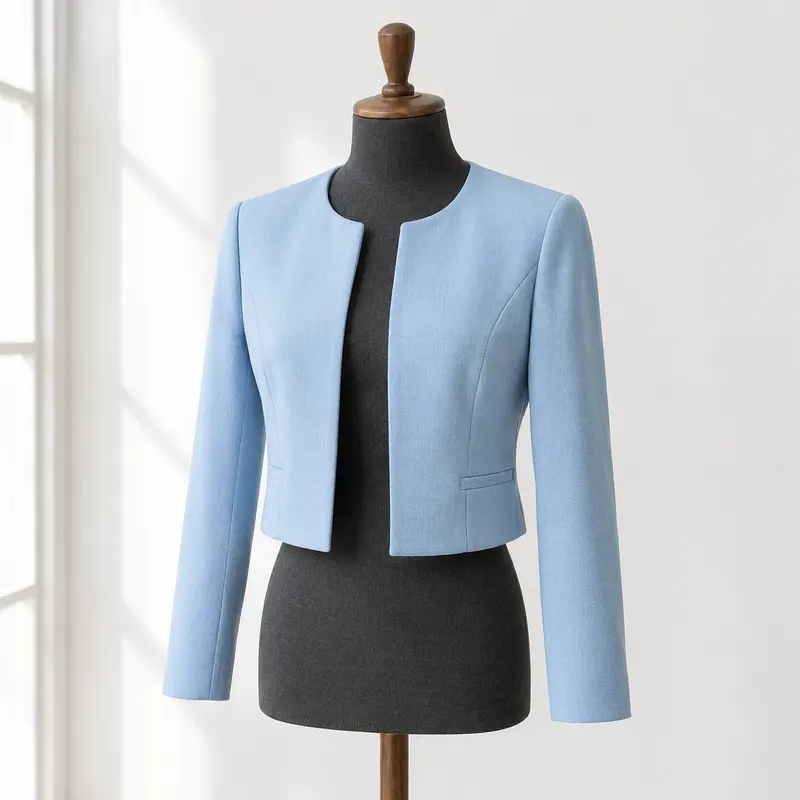 Kragenloser Blazer Hellblau in Hellblau auf einer Schneiderbüste