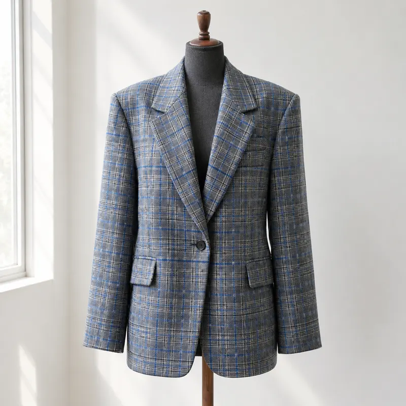 Oversize-Blazer Karo in Grau-Blau kariert auf einer Schneiderbüste