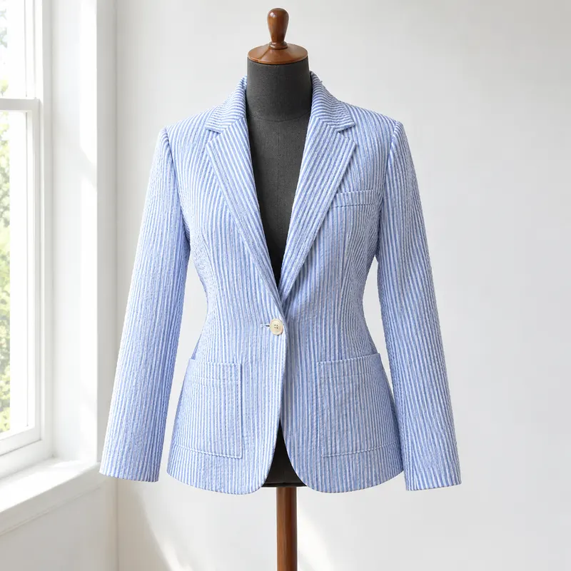Seersucker-Blazer in Blau-weiß gestreift auf einer Schneiderbüste